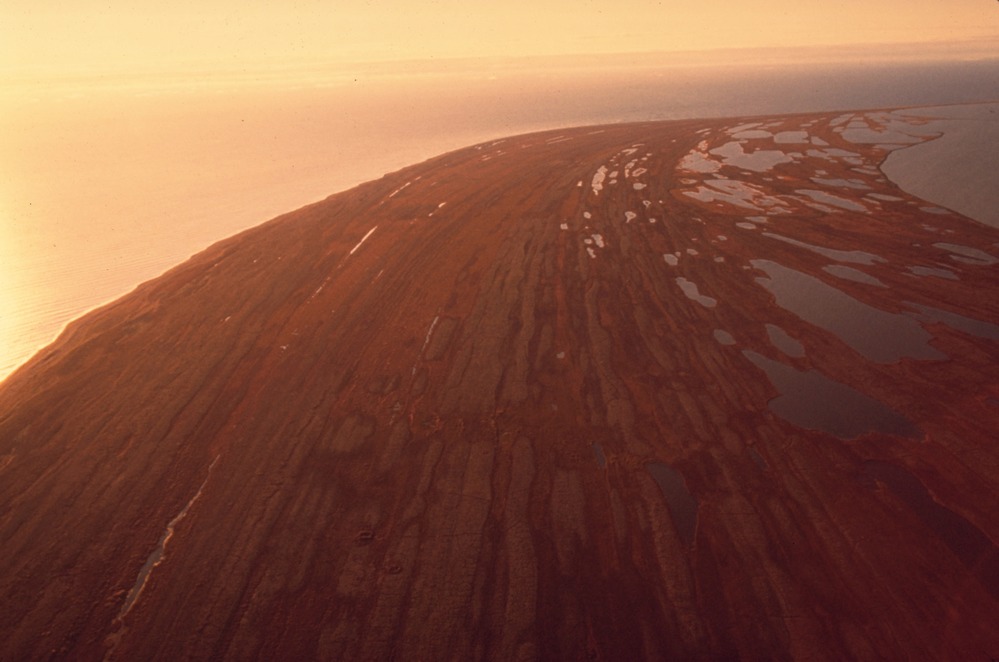 Aerial view of beach ridges on the shore of Cape Krusenstern.