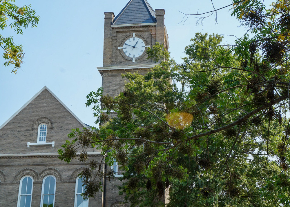 A stone building with a large clocktower is visible behind green trees