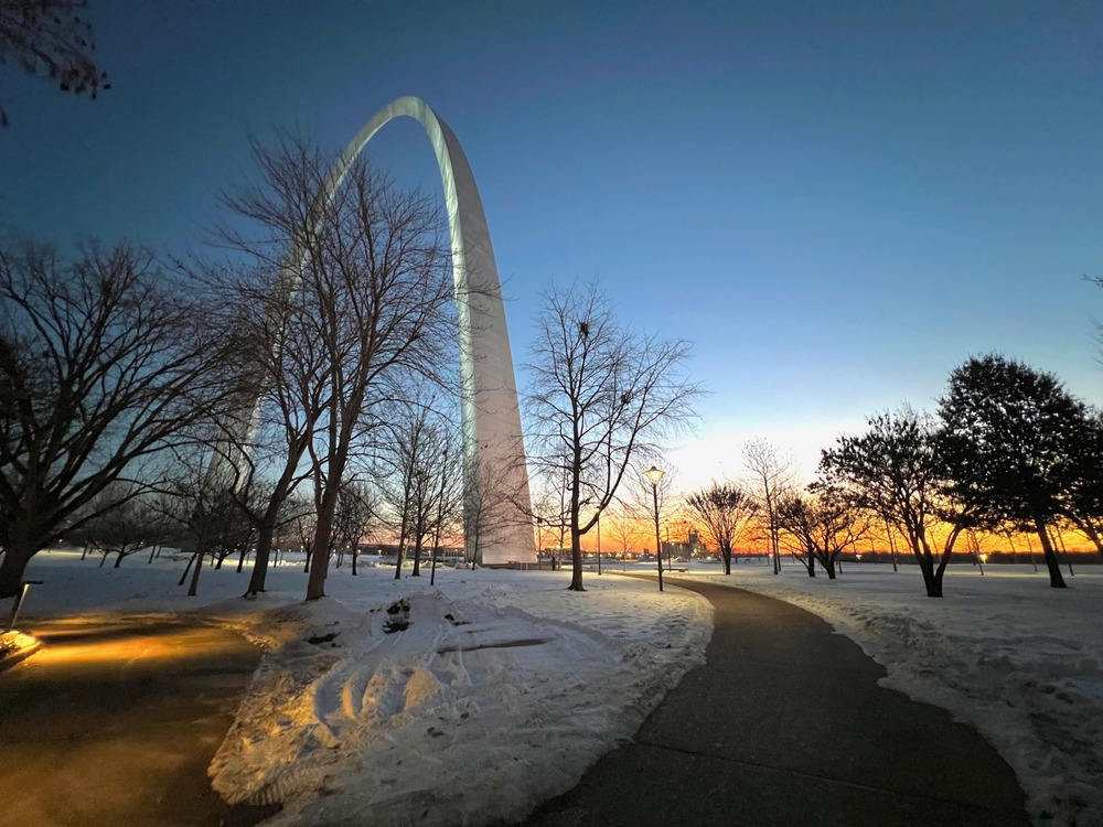 Shovel walkways leading to the Gateway Arch on a beautiful snowy winter morning.