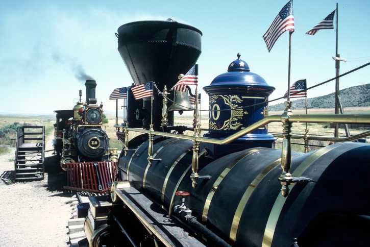 Replica steam locomotives at Golden Spike.