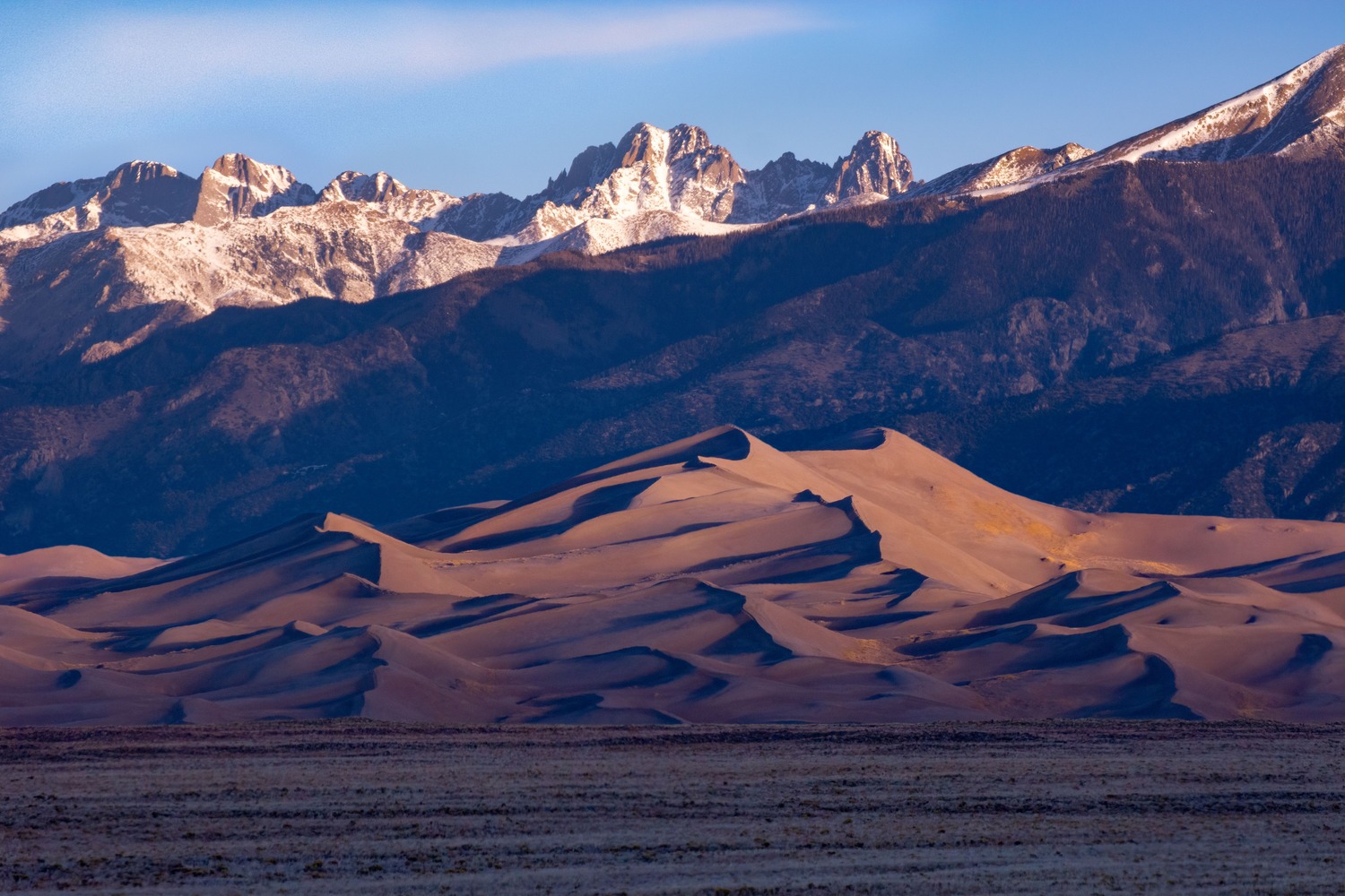 Star Dune and the Crestone Peaks in morning light.