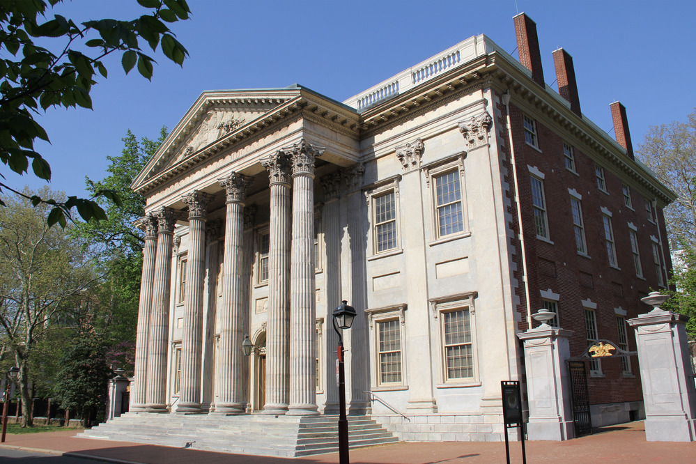 Two-story 18th century marble building with six columns