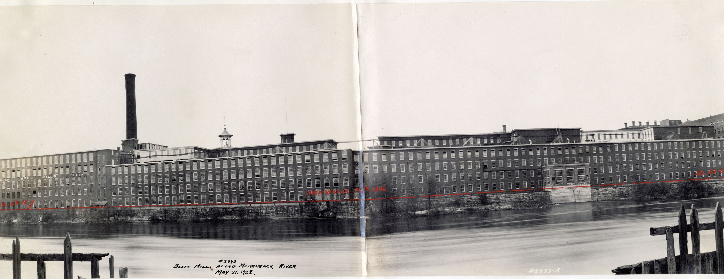 A photo that shows the height of that flood on the Boott Mills. The water was high enough to flood the first floor of all the building that faced the river.