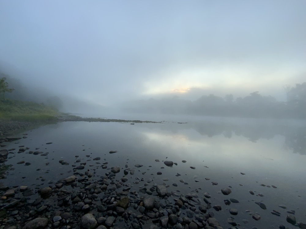 The Delaware River at Bushkill Access on a foggy morning.