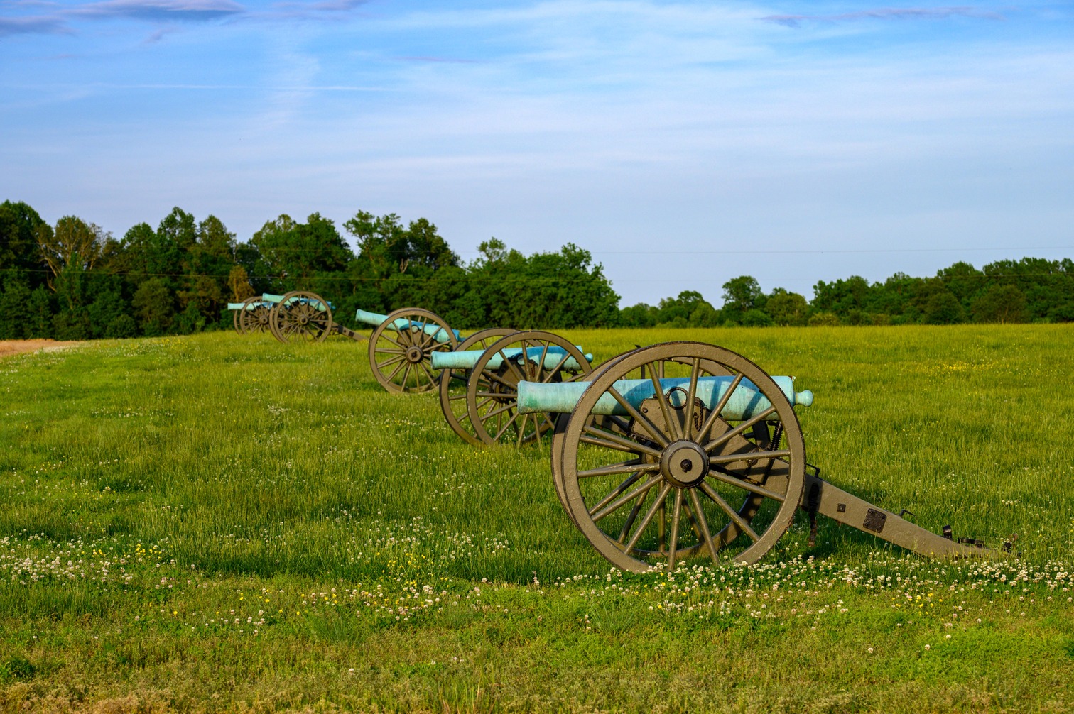 Six bronze Civil War cannons in a row, atop a grassy hill. 