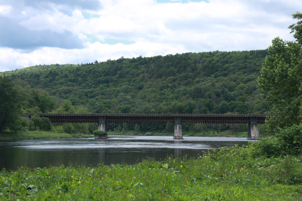 Bridge over river. Bridge has three main supports with ice breakers on the front and support braces along its deck. Behind the bridge is green, forested rolling hills. In the foreground is green grass and brush.
