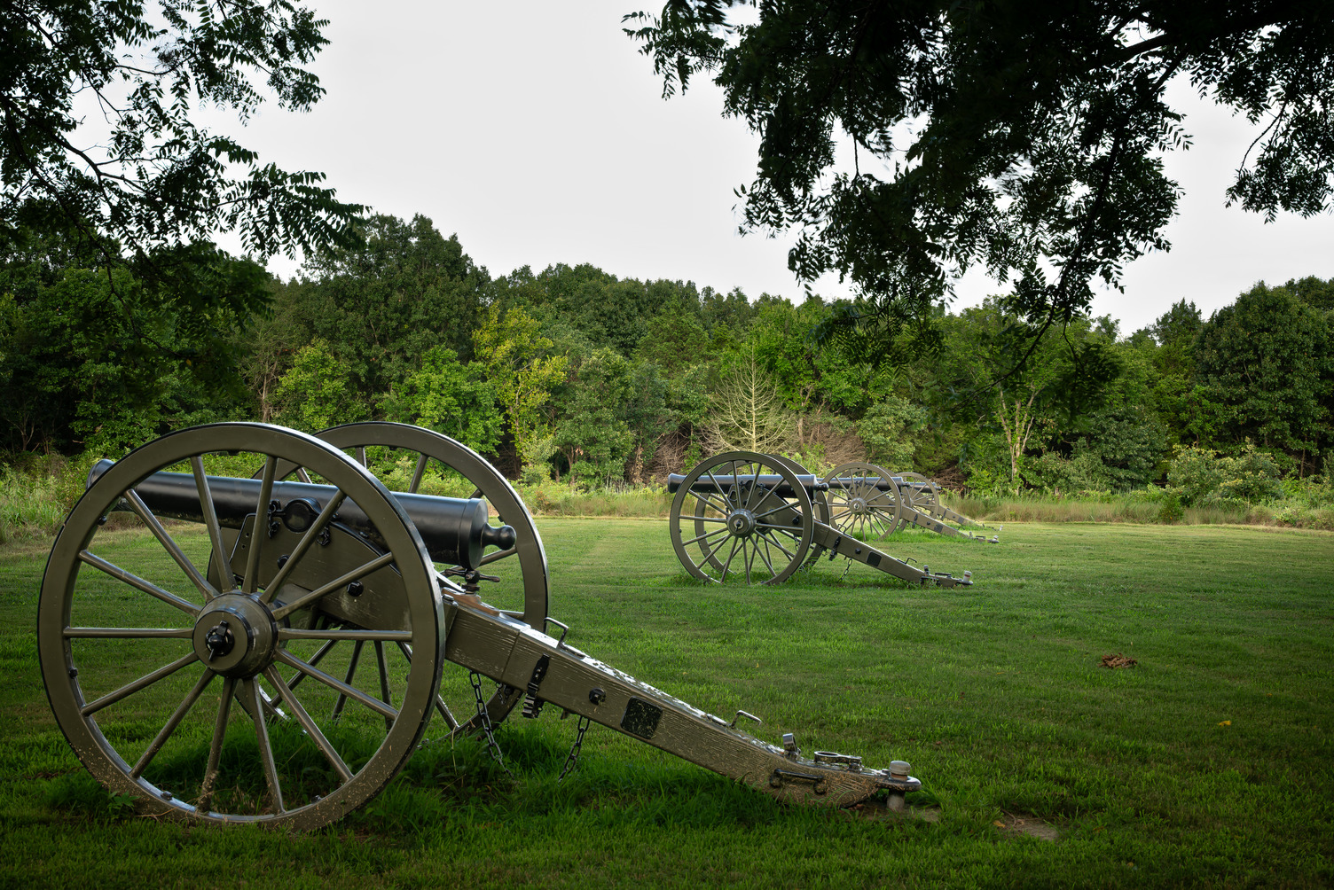 Three black artillery pieces sit on a mowed, green lawn. 