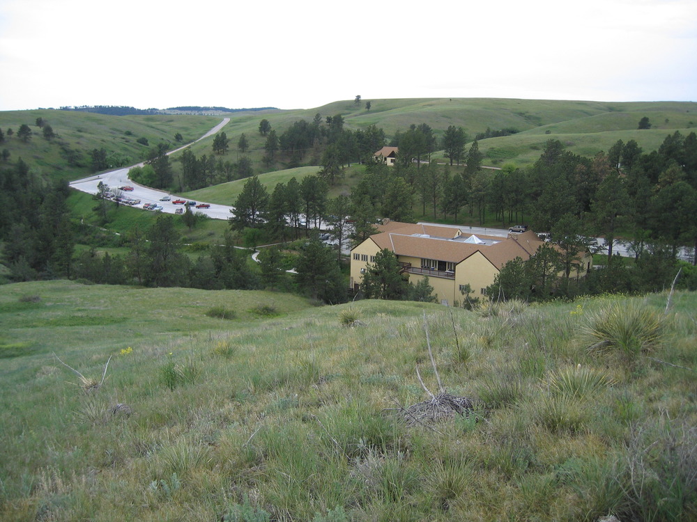 The visitor center in a grassy valley surrounded by pine trees.